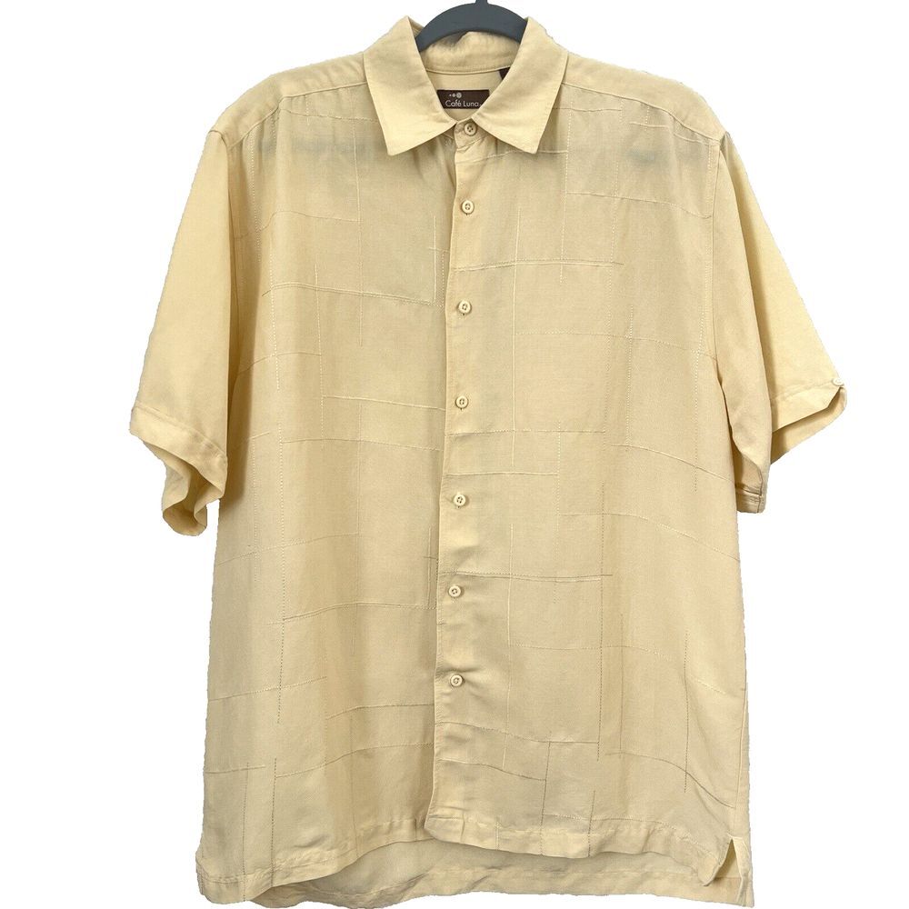 Cafe Luna Men's Camp Shirt Button Up Short Sleeve Yellow Size M Embroidered‎